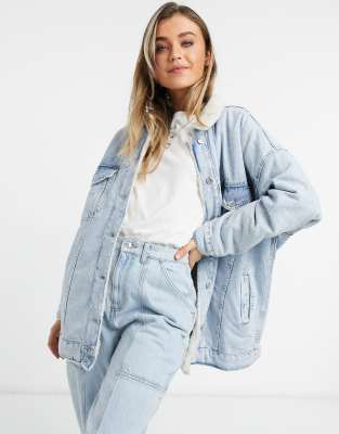 ASOS DESIGN faux fur lined oversized denim jacket in blue wash