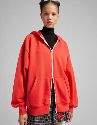 Bershka oversized double zip hoodie in red