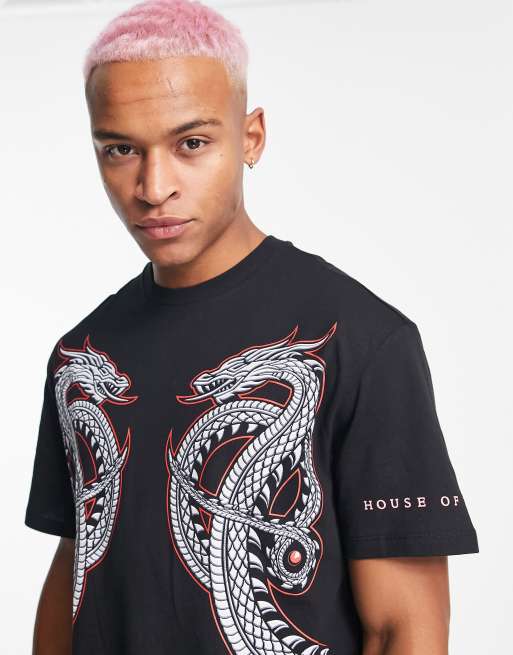 Bershka oversized dragon back print t shirt in black