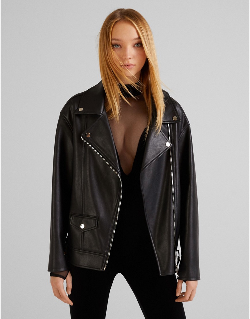 Bershka oversized faux leather biker jacket in black