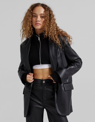 Bershka Oversized Faux Leather Blazer In Black | ModeSens