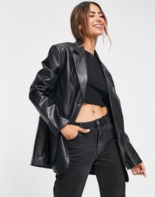 Bershka oversized faux leather blazer in black | ASOS