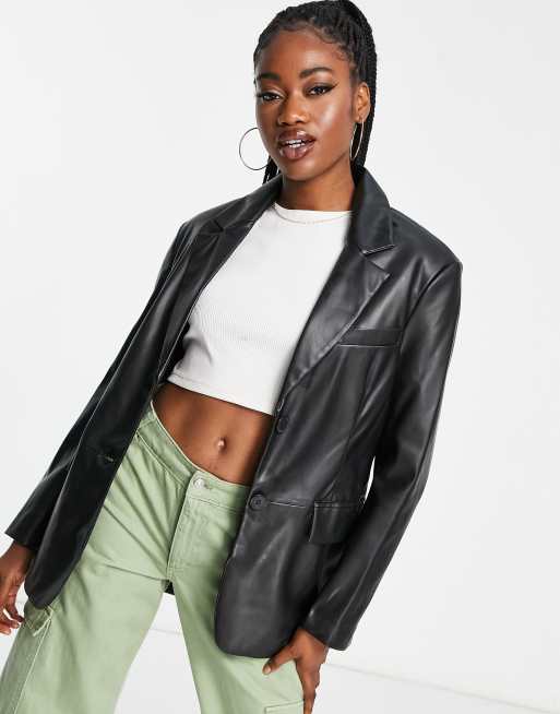 Bershka oversized faux leather blazer in black | ASOS