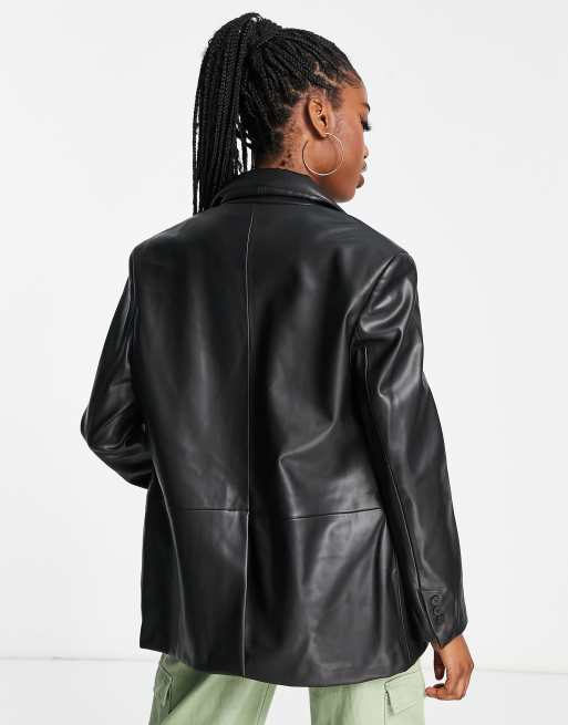 Bershka oversized faux leather blazer in black | ASOS