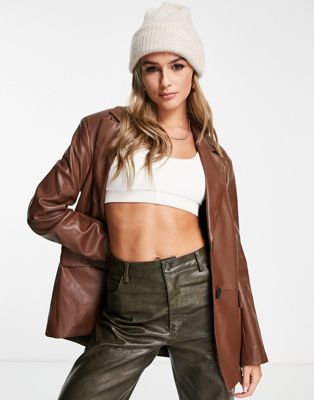 Bershka oversized faux leather blazer in brown | ASOS
