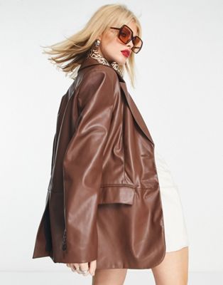 Bershka oversized faux leather blazer in brown