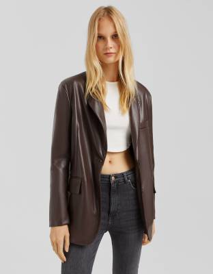 Bershka Bershka oversized faux leather blazer in chocolate brown
