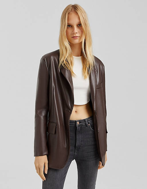 Bershka oversized faux leather blazer in chocolate brown
