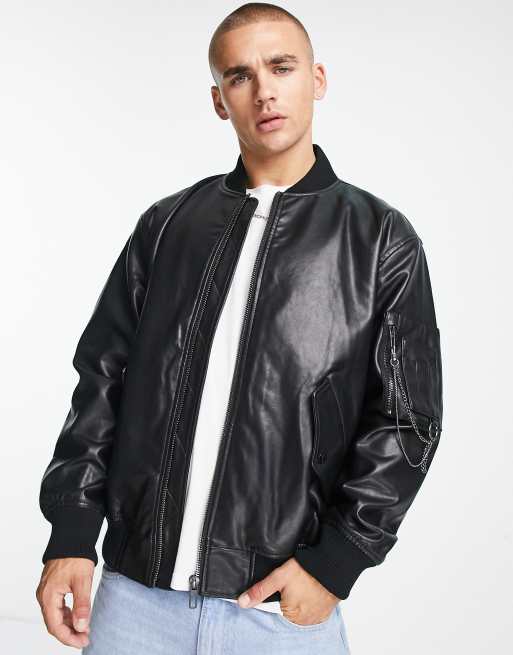 Bershka oversized faux leather bomber jacket with removable chain in ...