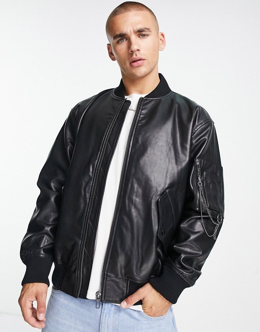 Bershka oversized faux leather bomber jacket with removable chain in black
