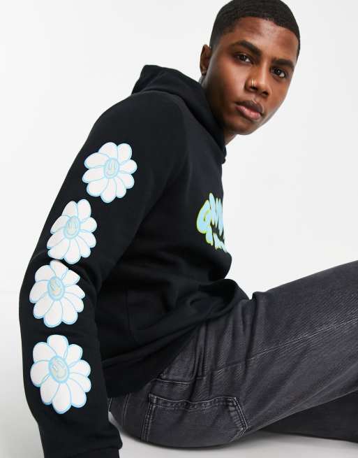 Bershka oversized flower back print hoodie in black, 3 of 4