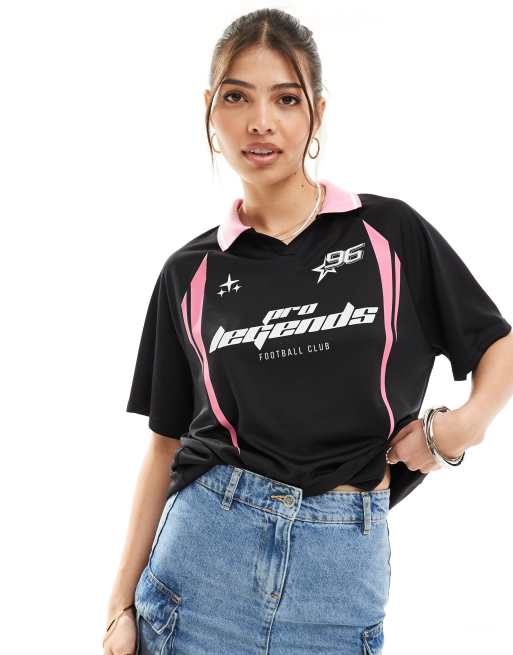 Bershka Oversized Football Shirt In Black And Pink 