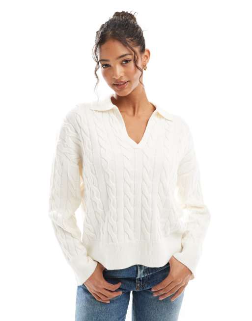 Bershka - Oversized gebreide trui met kabels in ecru