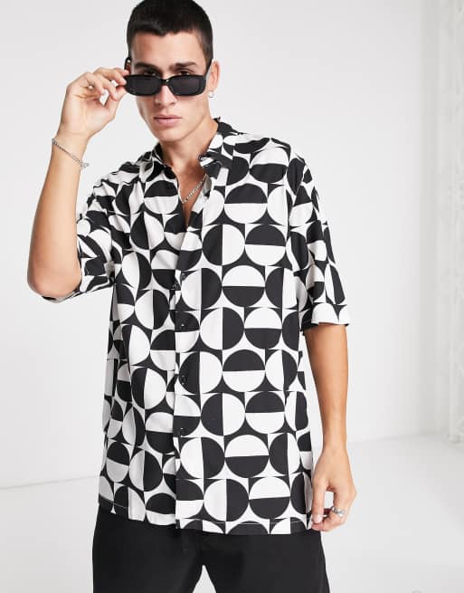 Bershka Oversized Geo Print Shirt In Black And White Asos