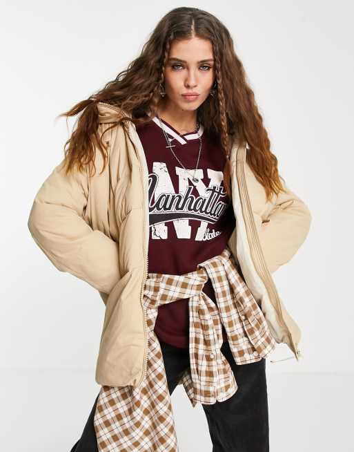 Bershka - Oversized gewatteerde jas met lange pasvorm in camel