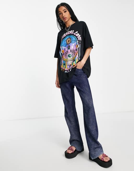 Bershka oversized graphic tee in black