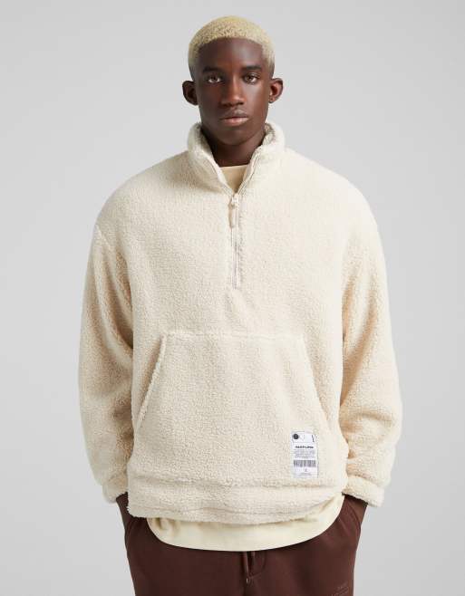 Bershka oversized half zip jumper in beige teddy borg