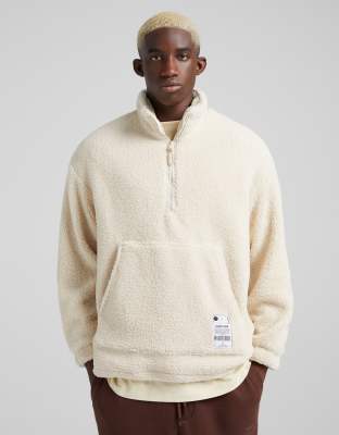 Bershka Oversized Half Zip Sweater In Beige Teddy Borg neutral