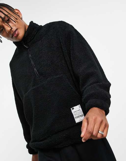 Bershka NYC velour quarter zip sweater in black