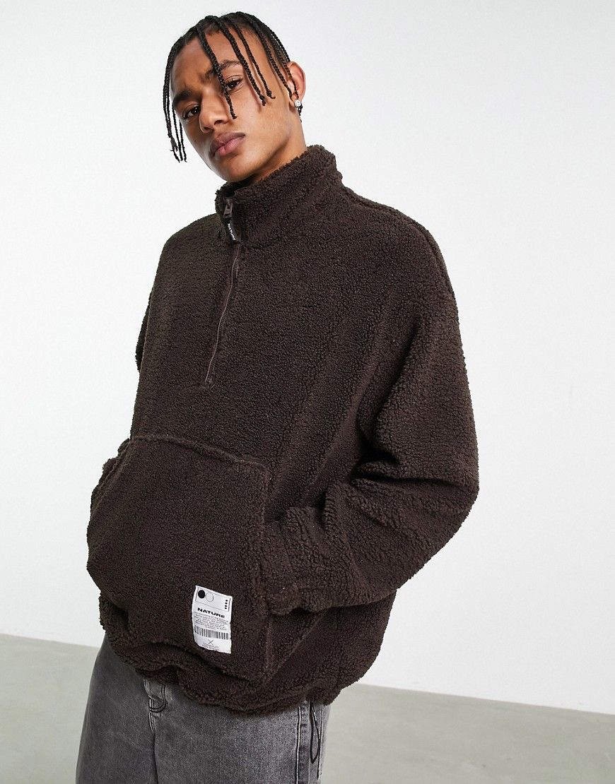 Bershka oversized half zip sweater in brown teddy