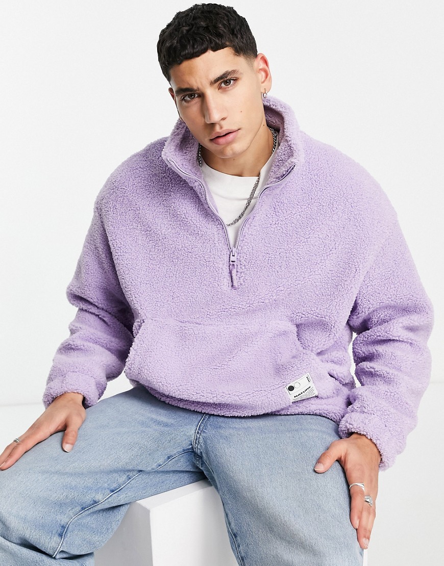 Bershka oversized half zip sweater in lilac teddy-Purple