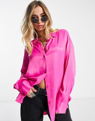 Bershka oversized satin shirt in pink - ASOS Price Checker