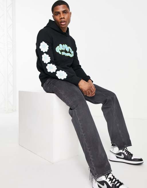 Bershka - Oversized hoodie met bloemenprint op de achterkant in zwart