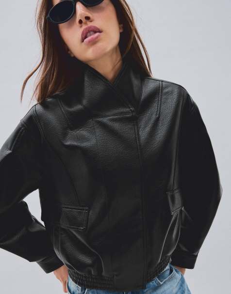 Bershka oversized jack met leerlook en overslagkraag in zwart - view 1