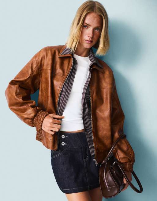 Bershka - Oversized jack van imitatieleer in beige
