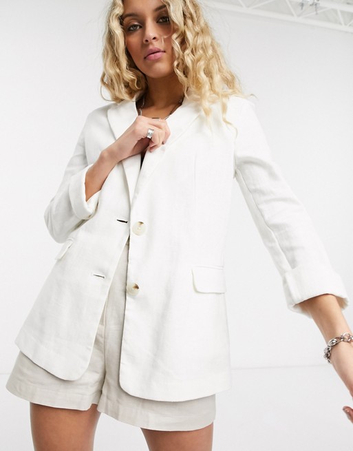 Bershka oversized linen blazer in white