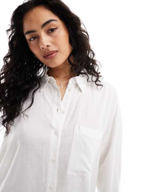 Bershka oversized linen shirt in white, 3 of 4