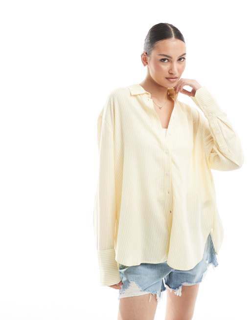 Bershka oversized linen shirt in yellow stripe