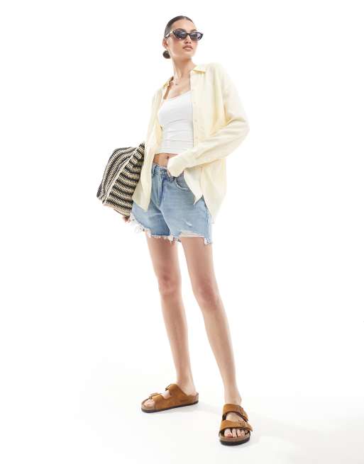 Bershka oversized linen shirt in yellow stripe