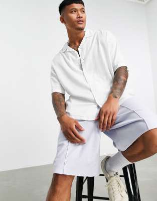 Bershka oversized linen shirt with revere collar in white | ASOS