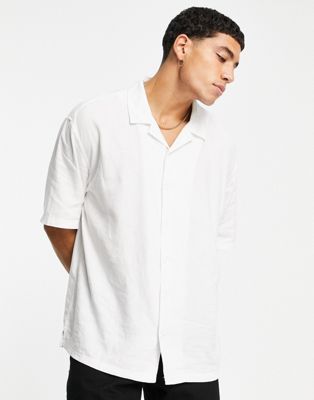 Bershka oversized linen shirt with revere collar in white