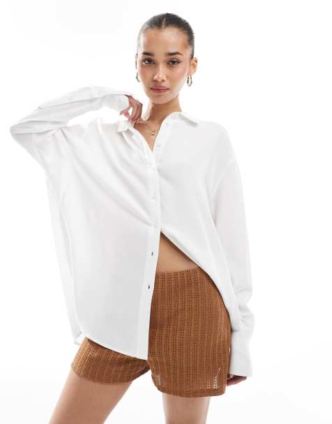 Bershka - Oversized linnen overhemd in wit - view 1
