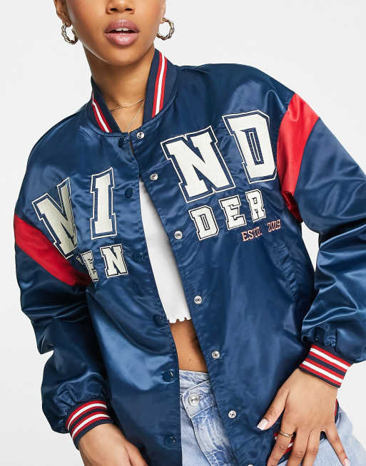 Bershka oversized logo detail satin bomber in navy