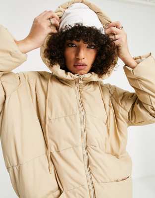 Bershka oversized long line padded coat in camel