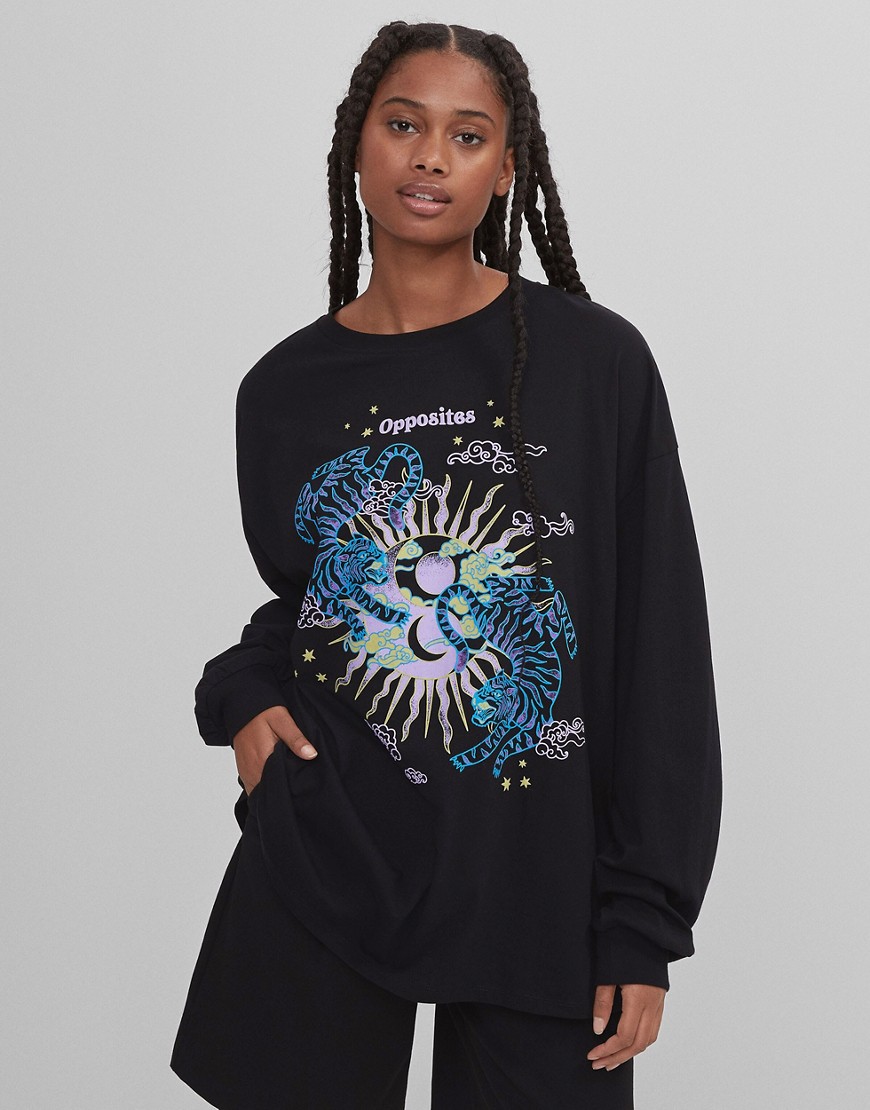 Bershka oversized long sleeve t-shirt with tiger graphic in black
