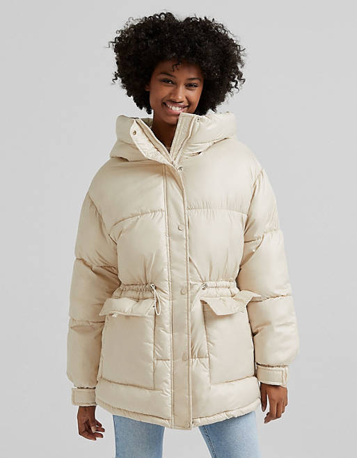Bershka oversized nylon padded jacket with hood in beige