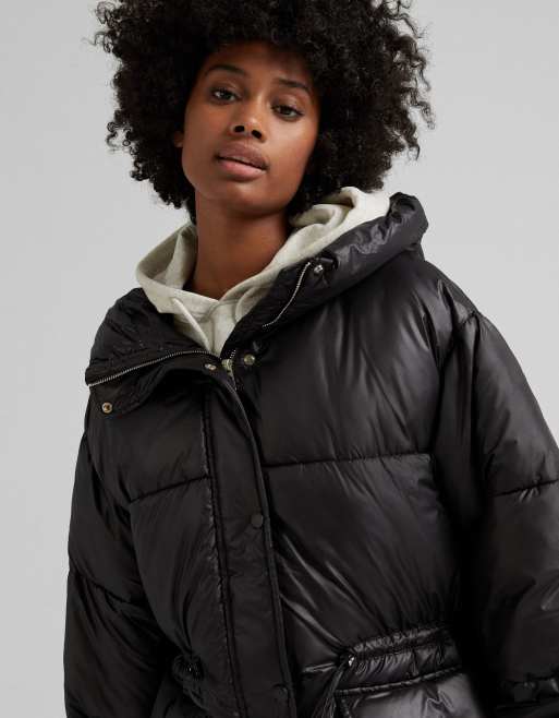 Bershka oversized nylon padded jacket with hood in black