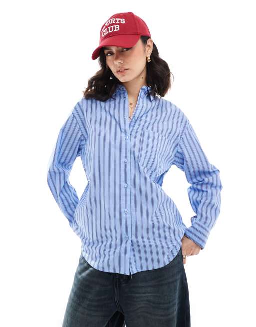 Bershka - Oversized overhemd in blauwe krijtstreep