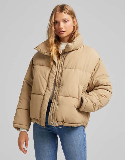 Bershka oversized padded puffer coat in camel