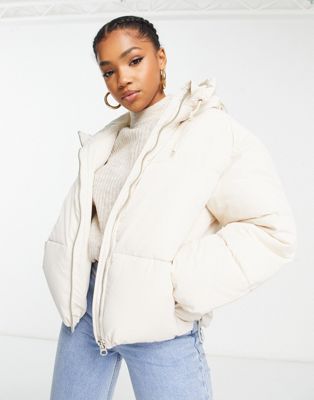 Bershka oversized padded puffer jacket in ecru-Neutral
