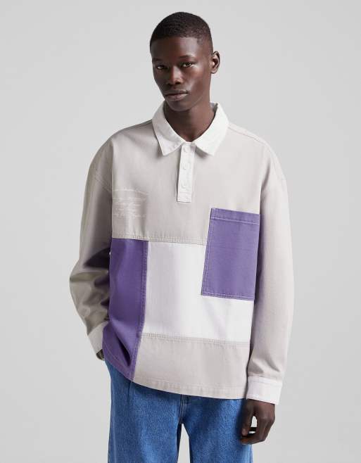 Bershka oversized patchwork rugby polo shirt in grey