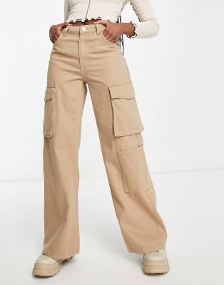 Bershka oversized pocket detail cargo wide leg pants in camel-neutral