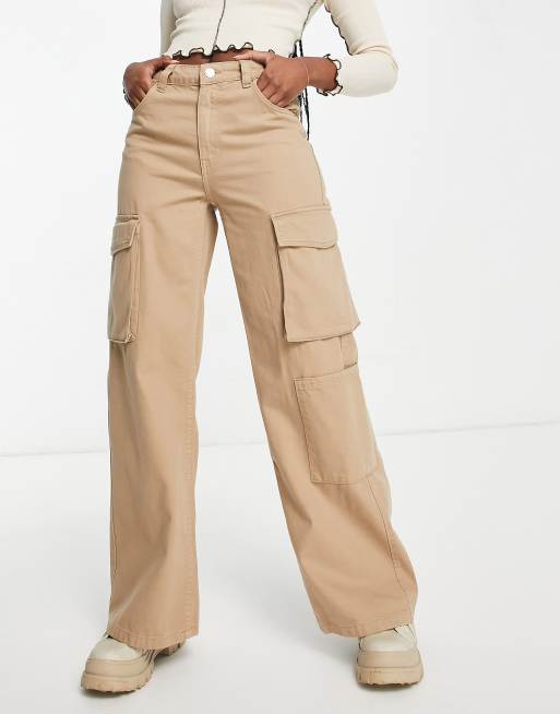 Bershka oversized pocket detail cargo wide leg pants in camel