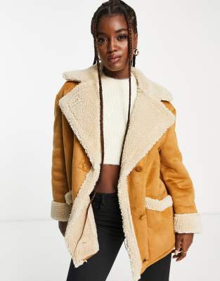 Bershka Oversized Pocket Detail Shearling Car Coat In Tan-white