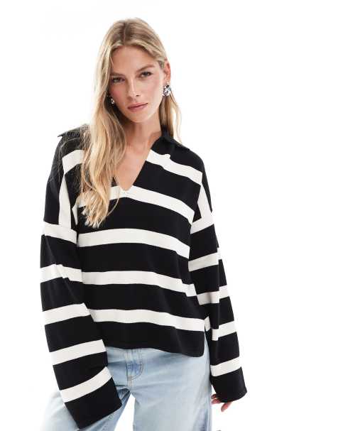 Bershka oversized polo jumper in black & white stripe - view 1
