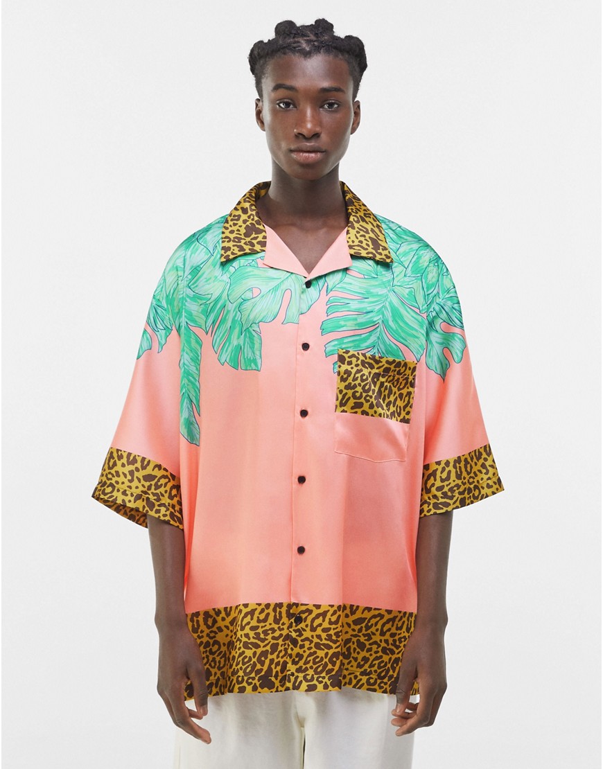 Bershka oversized printed shirt with paradise back print in pink